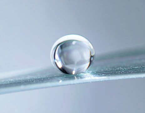 Minimalist clear liquid droplet with sharp focus on smooth glass