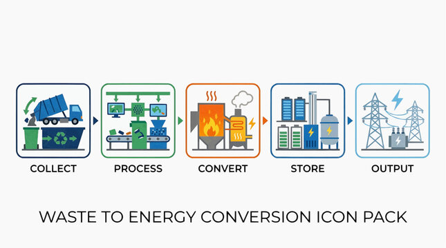 Energy conversion process icons showcase waste to energy steps