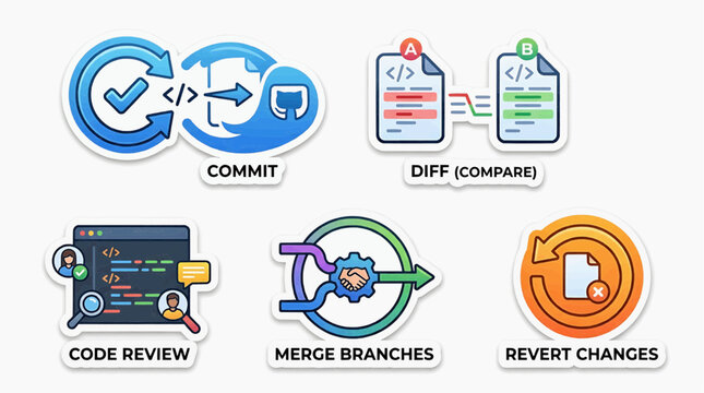 A collection of coding icons depicting commit, diff, code review, merge branches, and revert changes in a software development environment.