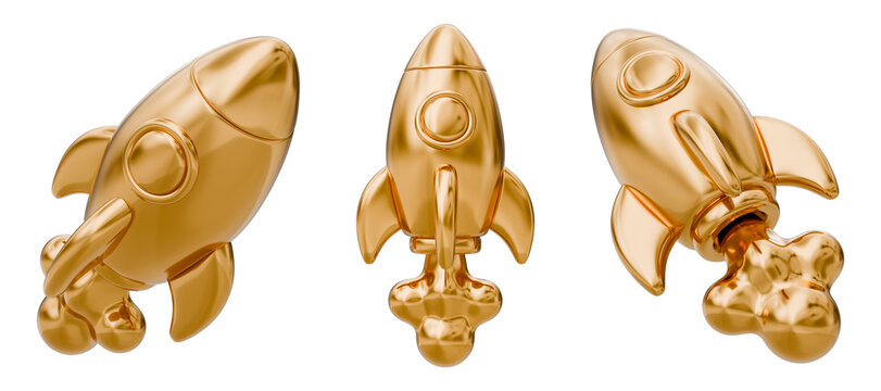 Rocket spaceship spacecraft shuttle gold golden metallic shiny luxury, launch startup boost skyrocket innovation technology growth success business, investment collection set, 3d illustration.