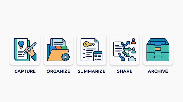 Organizing documents and files through capture, summarize, share, and archive processes efficiently