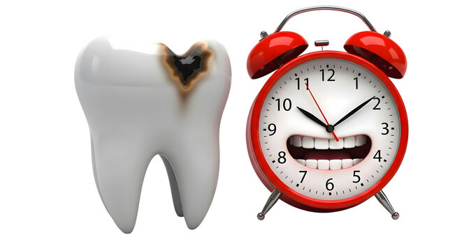 Tooth decay concept with red alarm clock isolated on transparent background