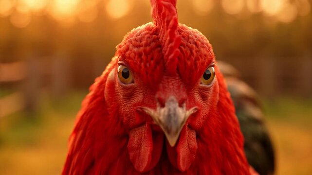 Extreme close-up of a red rooster head looking directly at the camera on a farm at sunset