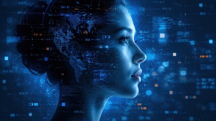 Obraz premium Woman profile facing right with digital data overlay in tech background