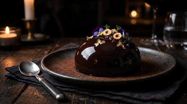 Single glossy dark chocolate dome dessert garnished with hazelnut and gold.