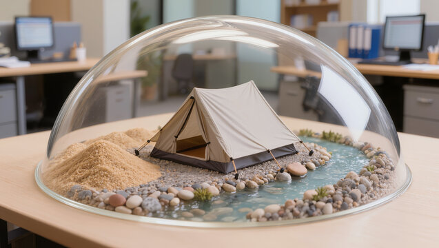 A miniature camping setup under a glass dome on an office desk. Concept of adventure travel planning, guided camping tours, and professional outdoor vacation services