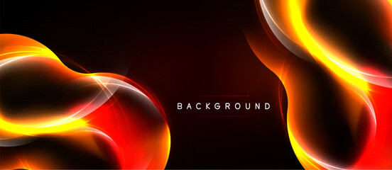 Abstract design features vibrant orange, red glows against black backdrop. Dynamic curves create modern visual impact. © antishock