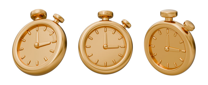 Stopwatch timer clock chronometer watch gold golden metallic shiny luxury time deadline, countdown urgency management productivity efficiency schedule, performance business precision, 3d illustration.