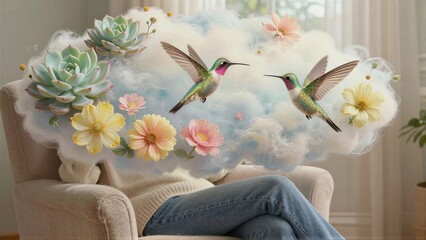 Obraz premium Person relaxes in armchair dreaming of hummingbirds and flowers