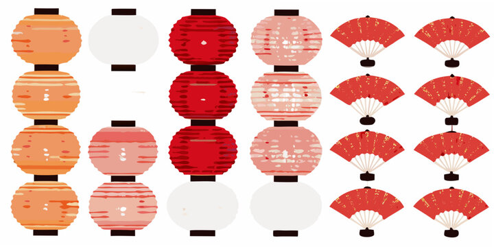Asian Lanterns And Fans Vector Illustration With Red Orange Tones