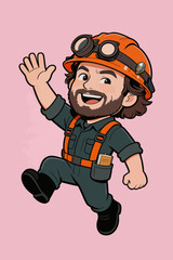 Fototapeta premium Cheerful Cartoon Male Worker Waving and Jumping