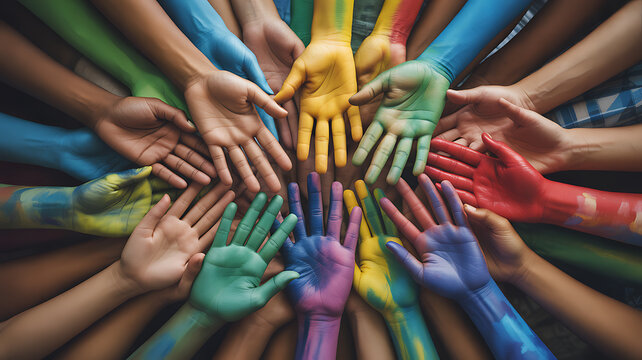 Hands painted in colorful patterns forming a circle ideal for cinematic storytelling and documentaries