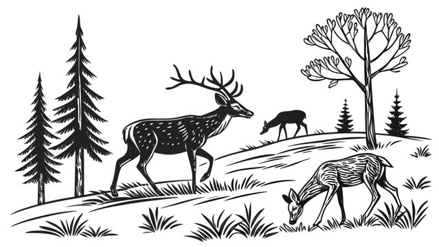 Vector illustration of deer family in wild forest landscape with wildlife landscape woodland illustration