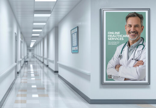 Healthcare Poster Mockup In Hospital Corridor PSD