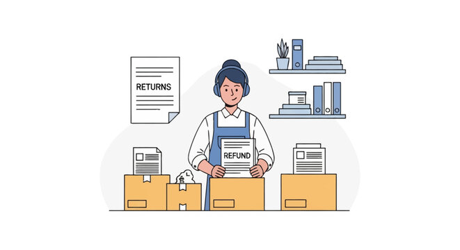 Flat vector illustration of a female warehouse employee with headphones processing product returns and refund documents while standing behind cardboard shipping boxes.