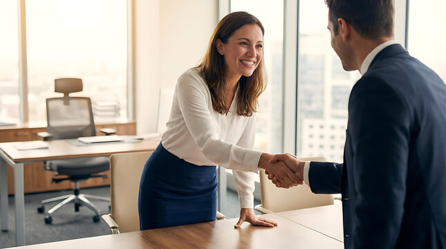 Professional Businesswoman Shaking Hands with Client During Successful Office Meeting and Partnership Agreement