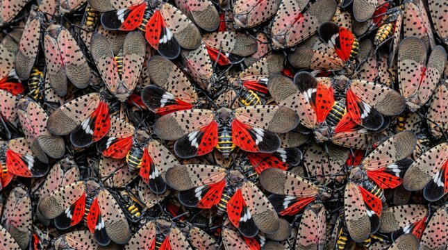 A dense cluster of spotted lanternflies with striking red black and white patterned wings filling the frame