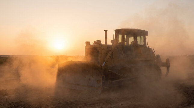 Heavy machinery in action A powerful yellow bulldozer operates at sunset, kicking up clouds of dust during extensive earthmoving work, showcasing raw power and industry