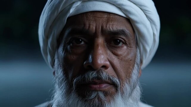 Extreme close up of a senior man with a white turban and grey beard looking at camera