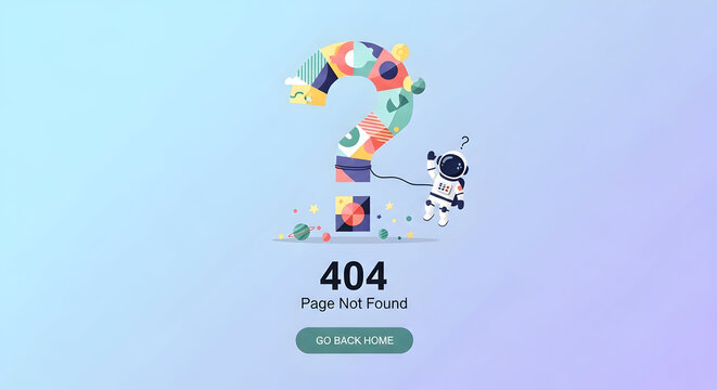 Lost in space? Astronaut encounters colorful question mark and 404 error, reminding users to navigate back home.