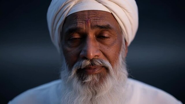 Close up portrait of a senior Sikh man with a white turban and long white beard looking at camera