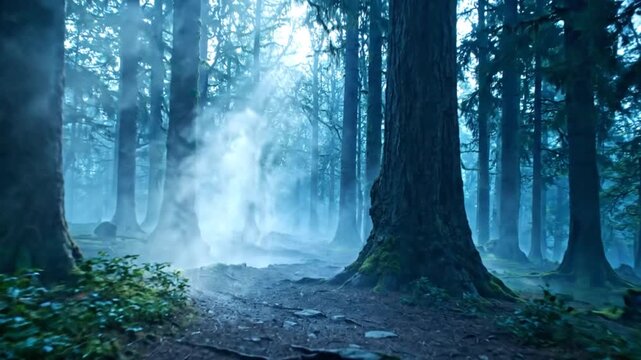 Misty forest with tall trees and path.