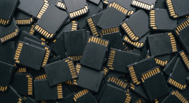 A dense pile of black S D memory cards with gold connectors scattered across a dark surface SD card