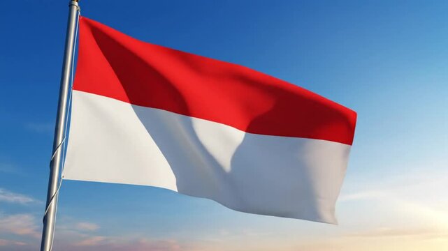 Indonesian national flag waving on a flagpole against blue sky