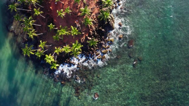 Famous Coconut Tree Hill aerial top view 4K video is a beautiful Nature's landmark in Mirissa, Matara District on Sri Lanka. Exotic Asian countries and around the World traveling concept.