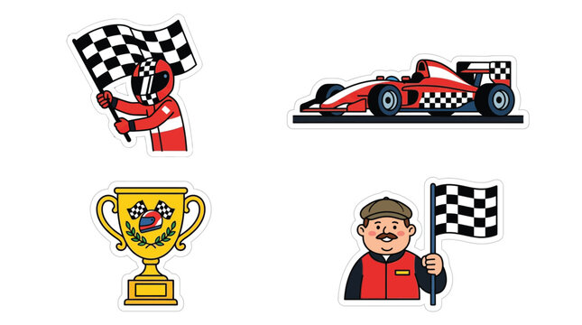 Cartoon illustrations depicting various elements of car racing, including a driver, a race car, a trophy, and a flagman.