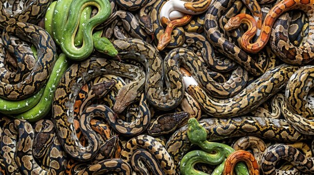 A dense pile of coiled snakes featuring vibrant green pythons and intricately patterned brown and orange reptiles