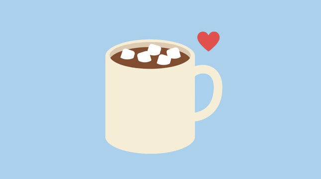 Cozy Hot Chocolate with Marshmallows and a Heart Emblem on a Light Blue Background