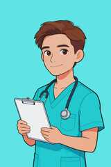Fototapeta premium Cute cartoon male nurse holding medical clipboard