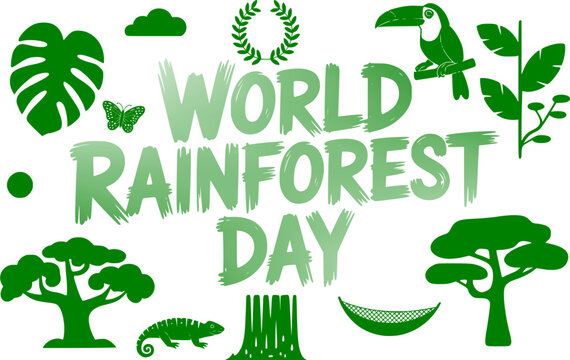 World Rainforest Day bold green typography with rainforest wildlife silhouettes including toucan, chameleon, crocodile, monstera leaf, and tropical trees for environmental awareness and eco 