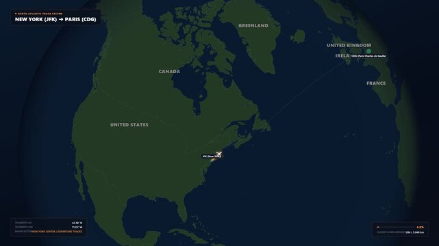 Airplane Route Map Animation from New York USA JFK to Paris France CDG for Travel and Aviation Content