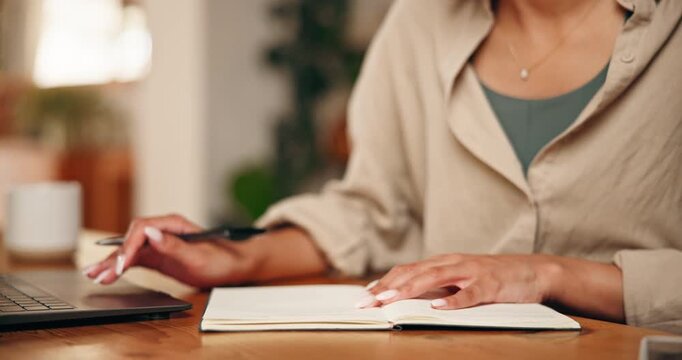 Woman, hands and journalist writing with book in home for schedule planning, reminder or checklist. Female person, writer or taking notes with diary or notebook for ideas, tasks or deadline in house