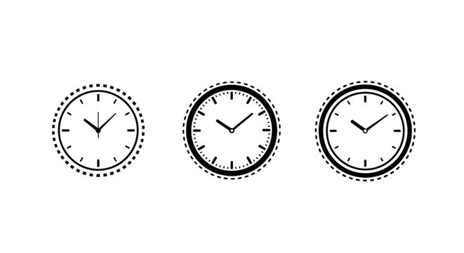 Three decorative analog clock icons in black and white.