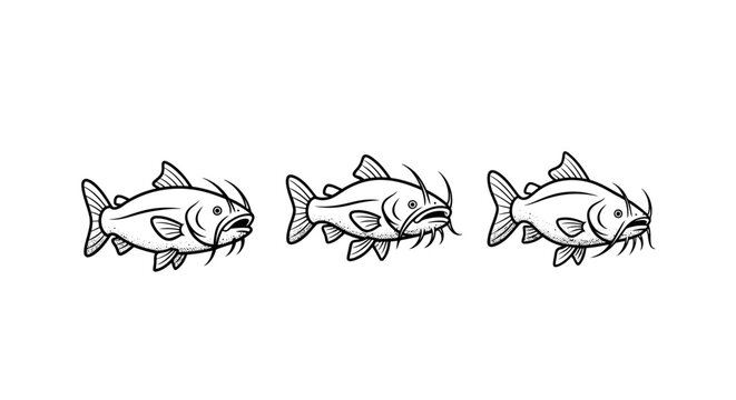 Three stylized catfish illustrations in simple line art.