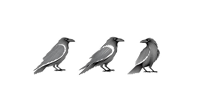 Three elegant crows standing in different poses illustration.