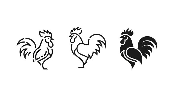 Three decorative rooster illustrations in different artistic styles.