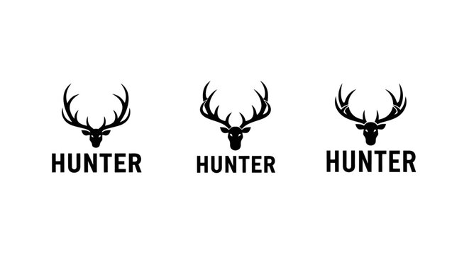 Three stylized black deer antlers with hunter text logos.