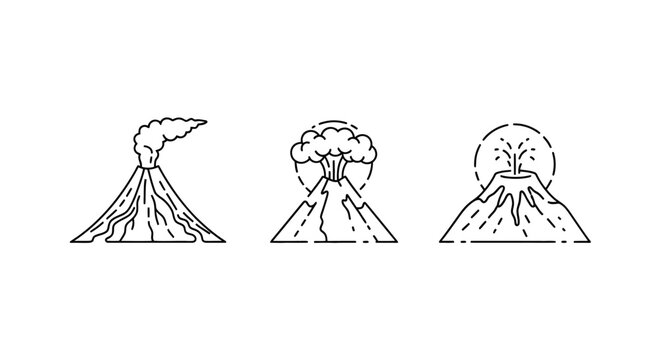 Three stylized erupting volcano illustrations in line art style.