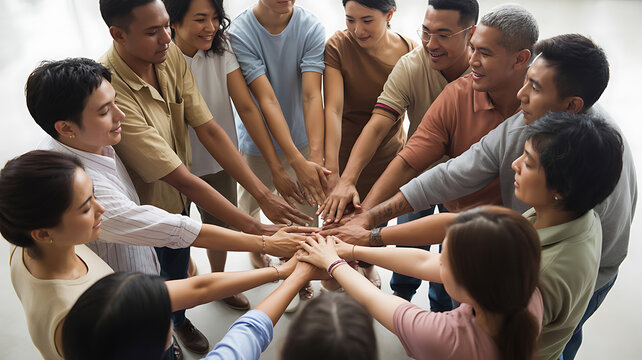 diverse group of people joining hands for culinary showcases and restaurant branding