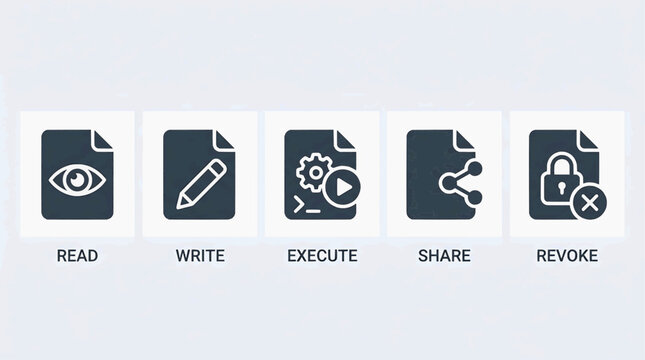 Icons representing data access permissions read, write, execute, share, and revoke access