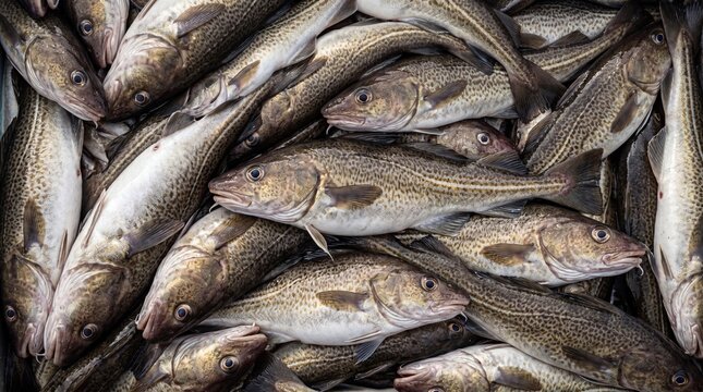 A dense pile of freshly caught cod fish with speckled brown and grey skin and white bellies filling the frame