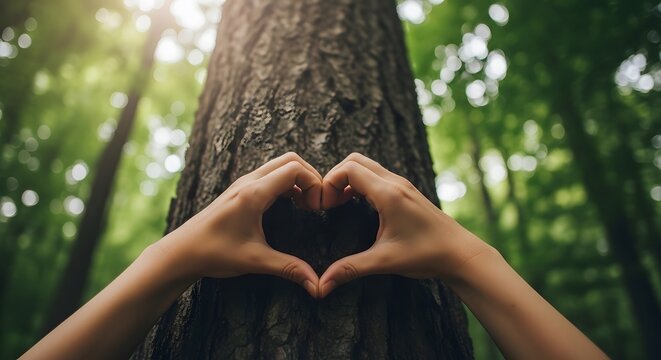 Hands forming a heart around a tree trunk in a forest