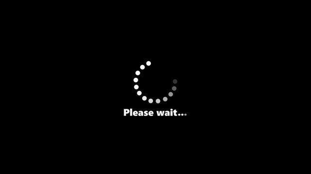 Rotating loading spinner with please wait text for digital interface and web ui progress buffering waiting.Black gradient dotted round loading page video design on white screen.
