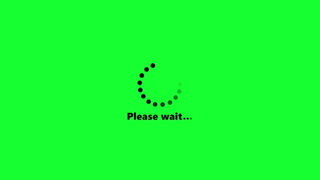 Loading spinner animation with please wait text on green screen for chroma key compositing progress buffering