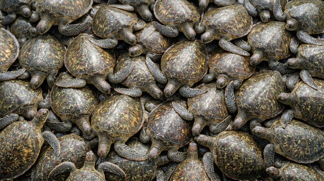 A dense pile of green sea turtles with intricate patterned shells resting together in a close-up overhead view