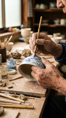 Fototapeta premium Intimate Close Up of Weathered Elderly Japanese Male Hands Painting Intricate Details on Traditional Ceramic Bowl